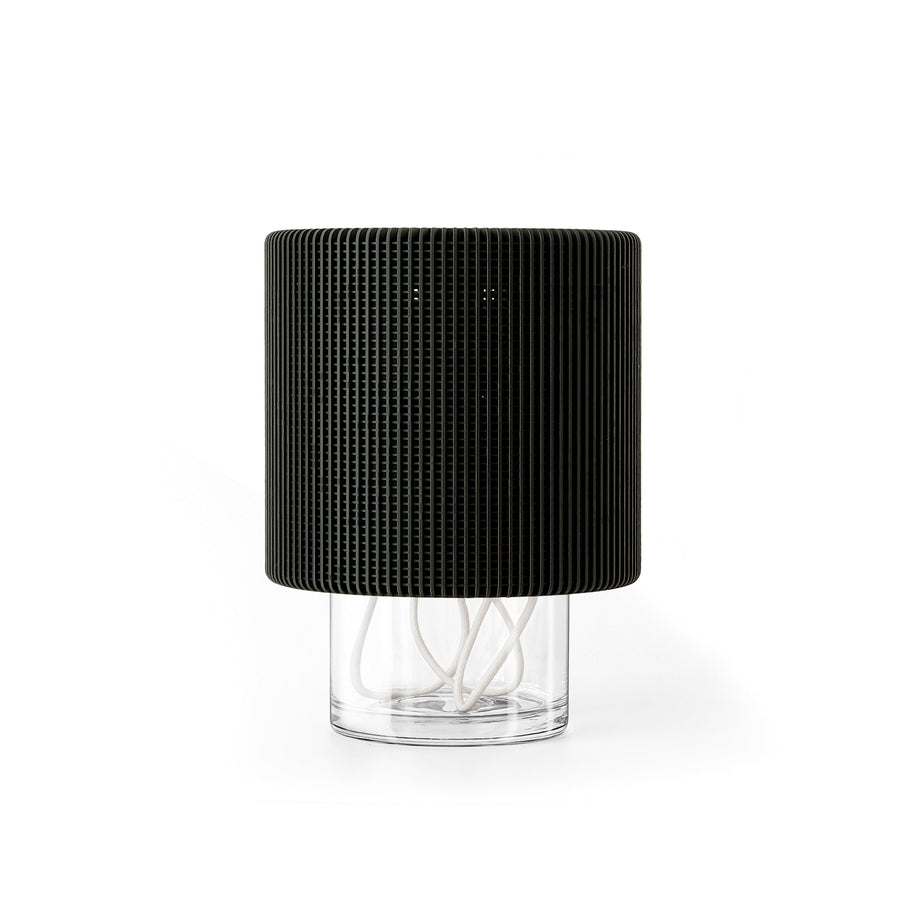 Black Rill planter above a clear glass reservoir with white wicks.