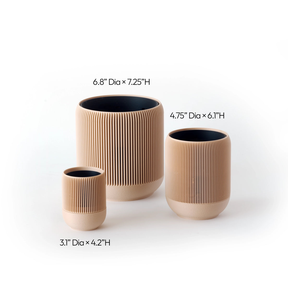 Diagram comparing the dimensions of three sand-colored VerdiPot Lina planter sizes.