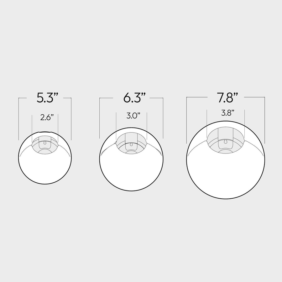 Cloud size diagram: 5.3-inch body with 2.6-inch opening, 6.3-inch body with 3.0-inch opening, and 7.8-inch body with 3.8-inch opening.