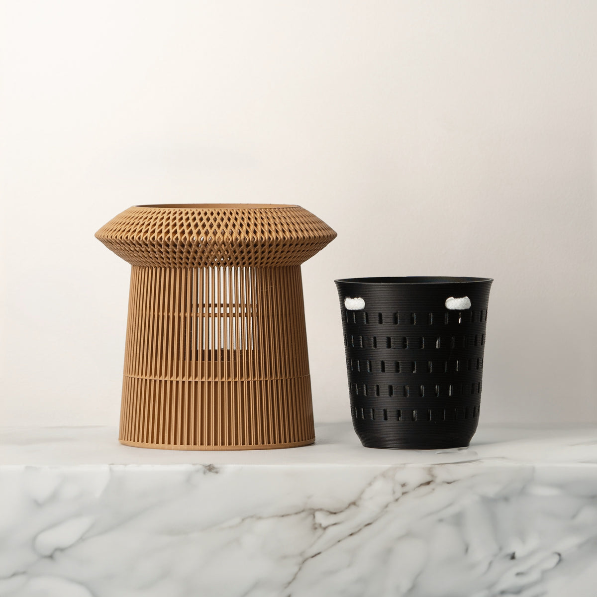 Brown VerdiPot Revolve self-watering planter beside its removable black air-pruning inner pot.