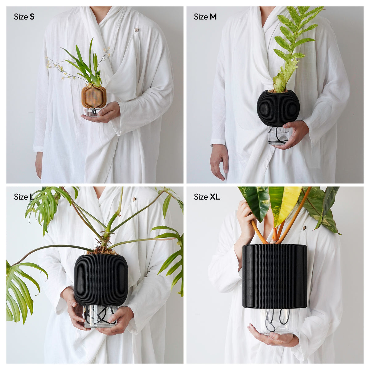 Four views comparing VerdiPot planter sizes S, M, L and XL held by a person.