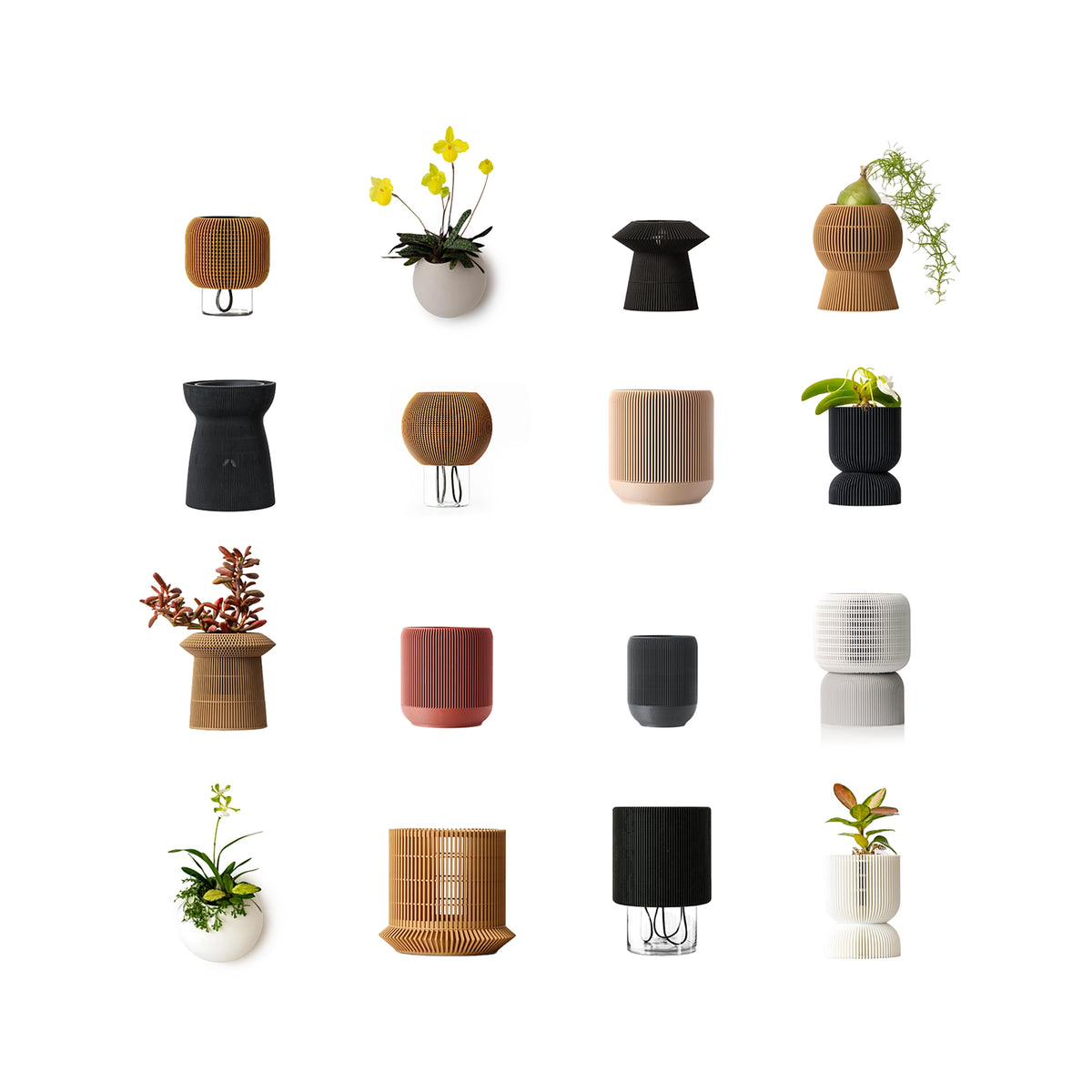 Grid of VerdiPot planter designs in several forms and colors.