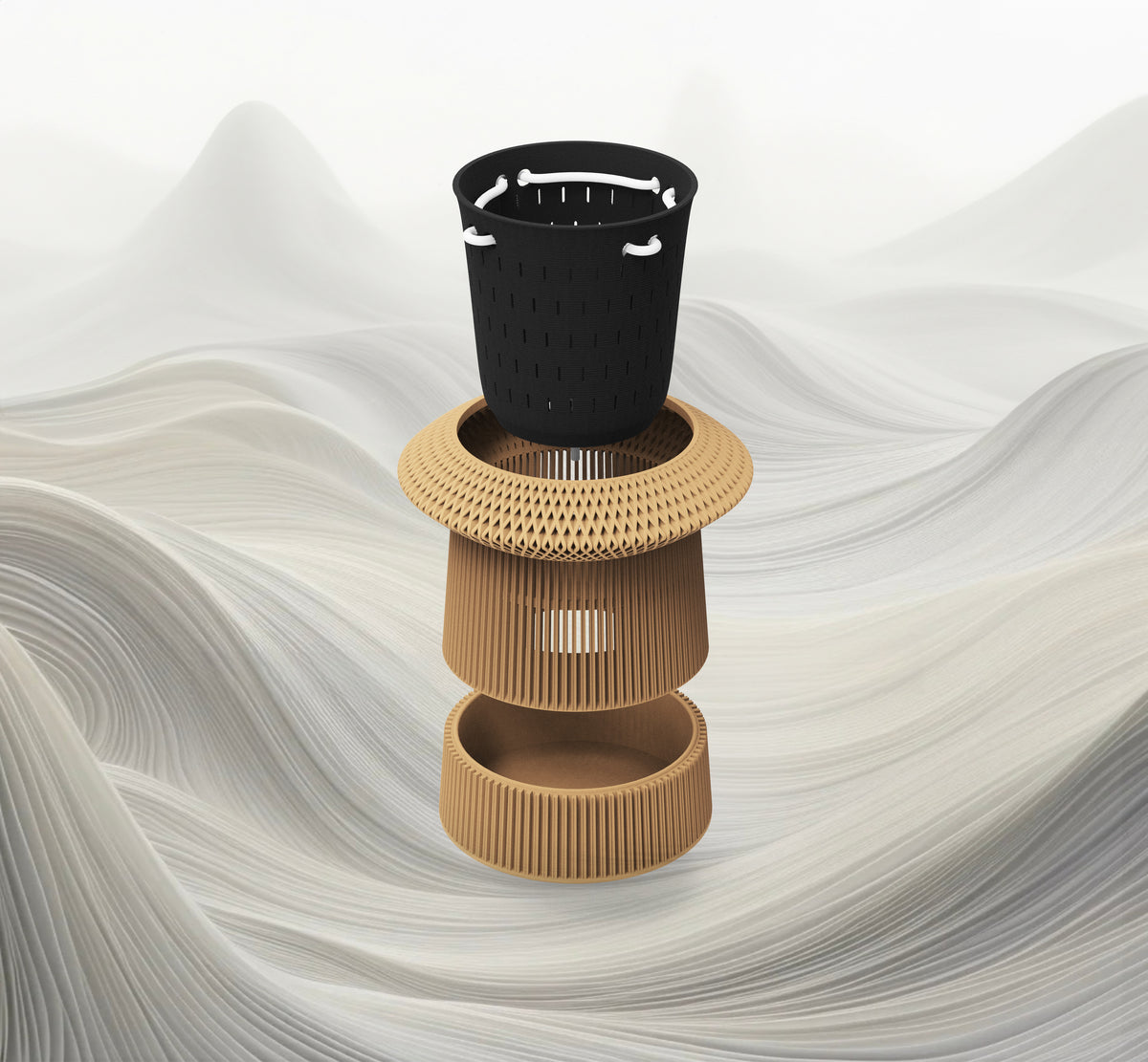 Exploded view of a brown VerdiPot Revolve planter showing the air-pruning inner pot, outer shell and self-watering reservoir.